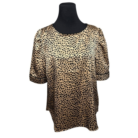 LOFT Blouse Top Cheetah Print Brown Black Short Sleeve Soft Silky Keyhole SZ L - Picture 8 of 8